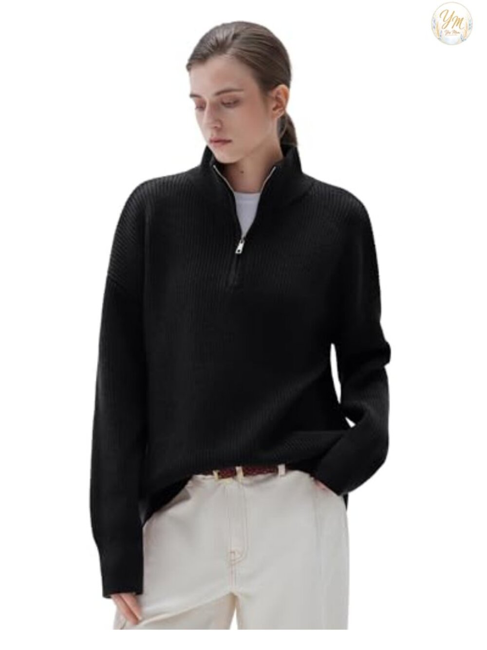 Cashmere Blend Oversized Quarter Zip Pullover Sweater Long Sleeve